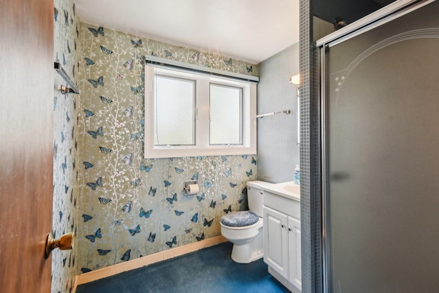 7913 Grant St, Darien, IL 60561 - full bath with a shower with door, vanity, toilet, and wallpapered walls