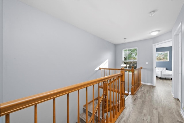 410 Cobblestone Ct, Oswego, IL 60543 - hallway with an upstairs landing, light wood finished floors, and baseboards