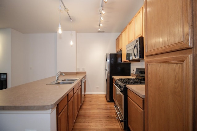 1500 S Halsted St Unit 1B, Chicago, IL 60607 - kitchen featuring stainless steel appliances, a sink, a peninsula, light wood-style floors, and baseboards