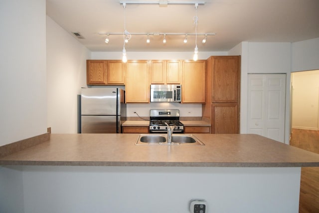 1500 S Halsted St Unit 1B, Chicago, IL 60607 - kitchen with stainless steel appliances, a sink, pendant lighting, and a peninsula