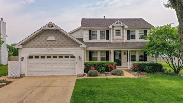 323 Valley Forge Ave, South Elgin, IL 60177 - view of front facade featuring driveway, a front yard, covered porch, and a garage
