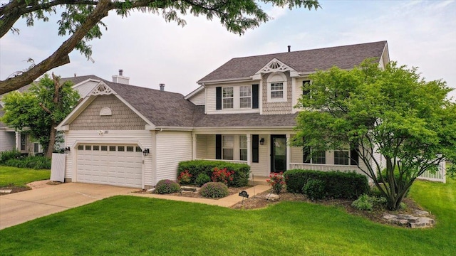 323 Valley Forge Ave, South Elgin, IL 60177 - view of front of home with a garage, a front lawn, a porch, concrete driveway, and a shingled roof