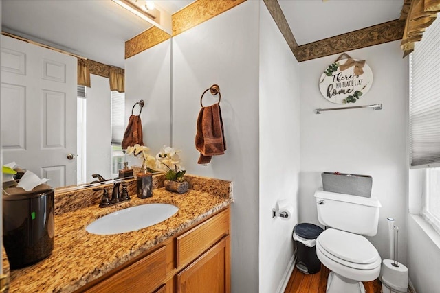 323 Valley Forge Ave, South Elgin, IL 60177 - bathroom featuring vanity, toilet, wood finished floors, and baseboards