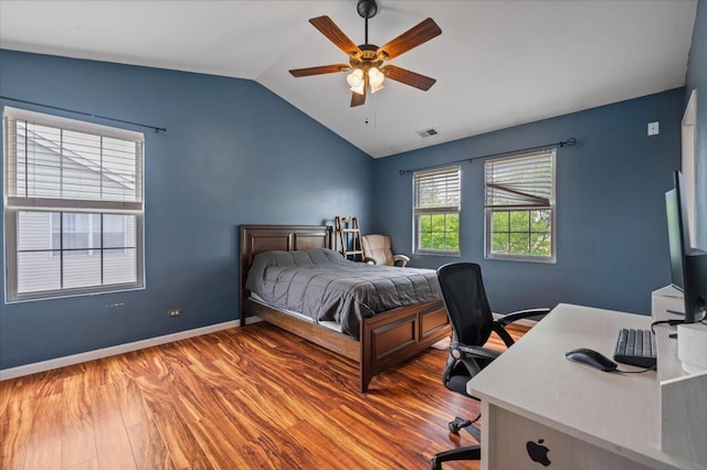 323 Valley Forge Ave, South Elgin, IL 60177 - bedroom featuring lofted ceiling, wood finished floors, a desk, baseboards, and ceiling fan