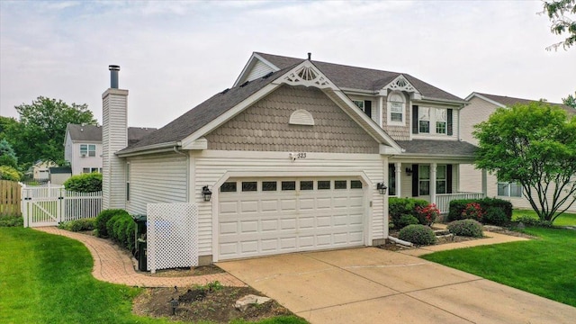 323 Valley Forge Ave, South Elgin, IL 60177 - view of front of house featuring a gate, concrete driveway, an attached garage, and a chimney
