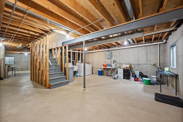 323 Valley Forge Ave, South Elgin, IL 60177 - unfinished below grade area with independent washer and dryer, electric panel, and stairway