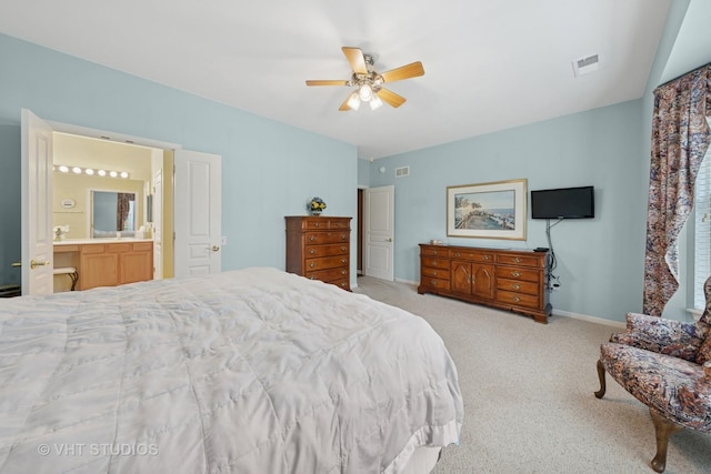319 Capital Dr, Shorewood, IL 60404 - bedroom featuring light carpet, connected bathroom, and ceiling fan