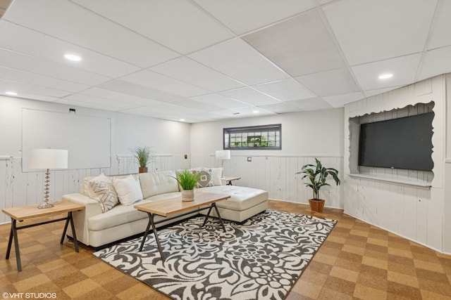 1225 Morgan Ave, La Grange Park, IL 60526 - living room with tile patterned floors, a wainscoted wall, recessed lighting, and a drop ceiling