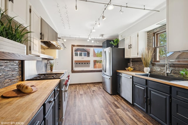 1225 Morgan Ave, La Grange Park, IL 60526 - kitchen featuring stainless steel appliances, a sink, white cabinets, ventilation hood, and butcher block countertops