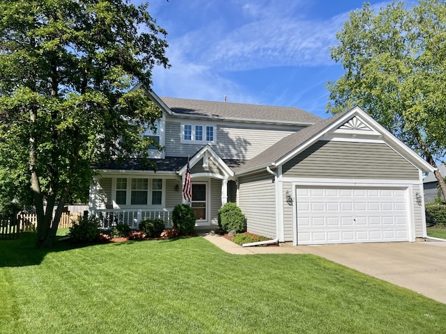 7 Ivy Ct, South Elgin, IL 60177 - view of front facade with an attached garage, concrete driveway, a front lawn, a porch, and a shingled roof