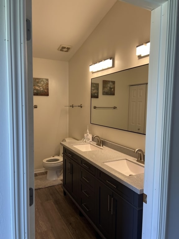 7 Ivy Ct, South Elgin, IL 60177 - bathroom with double vanity, wood finished floors, and lofted ceiling
