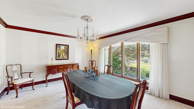 4445 Brittany Dr, Lisle, IL 60532 - dining room featuring baseboards, ornamental molding, a chandelier, and light colored carpet