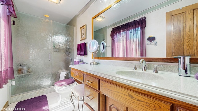 4445 Brittany Dr, Lisle, IL 60532 - bathroom featuring a stall shower, toilet, vanity, and tile patterned flooring