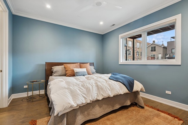 1110 N Marshfield Ave Unit 2, Chicago, IL 60622 - bedroom with crown molding, baseboards, wood finished floors, recessed lighting, and ceiling fan