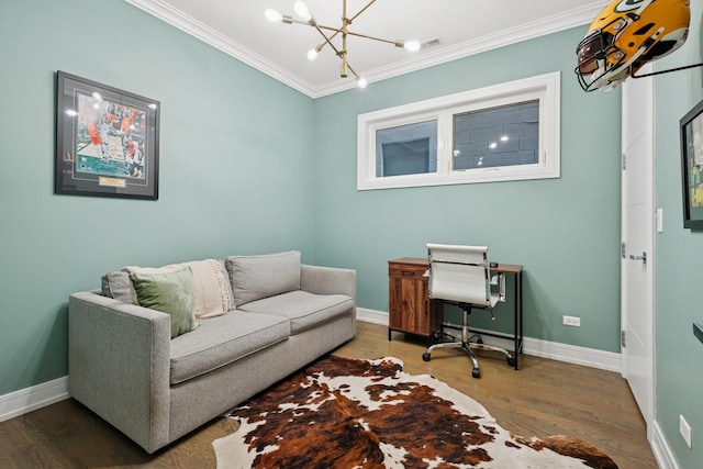1110 N Marshfield Ave Unit 2, Chicago, IL 60622 - office space with ornamental molding, a chandelier, baseboards, and wood finished floors