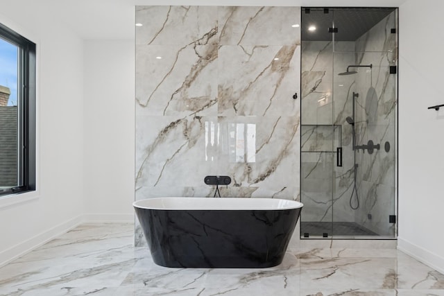 8833 Birch Ave, Morton Grove, IL 60053 - bathroom with marble tiled floors, a freestanding tub, a marble finish shower, and baseboards