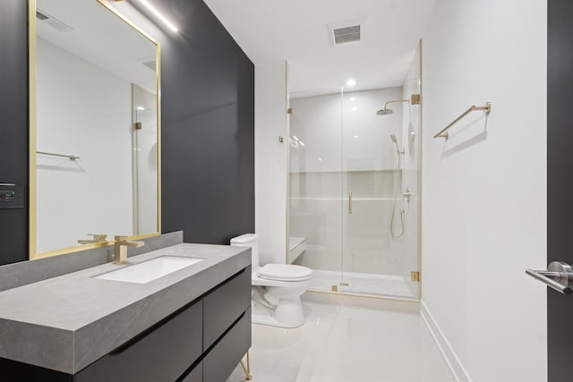 8833 Birch Ave, Morton Grove, IL 60053 - bathroom featuring a shower stall, vanity, toilet, marble finish floors, and recessed lighting