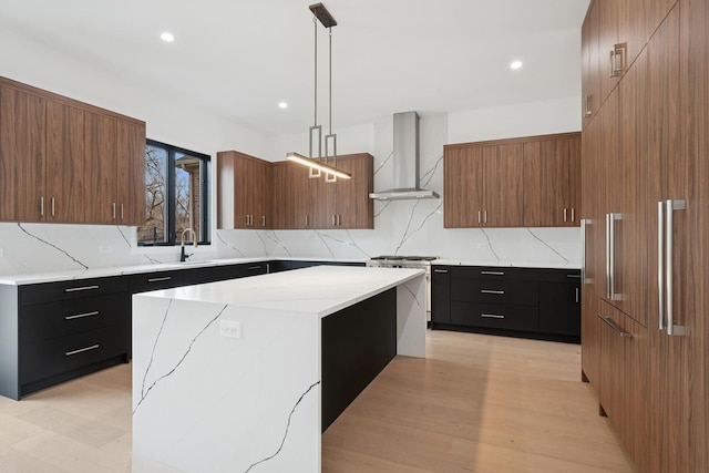 8833 Birch Ave, Morton Grove, IL 60053 - kitchen with wall chimney exhaust hood, premium appliances, tasteful backsplash, modern cabinets, and recessed lighting