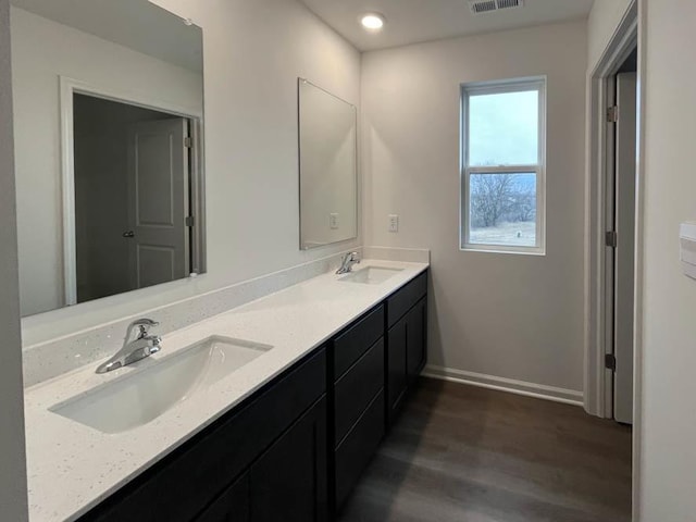 1025 Leeward Ln, Pingree Grove, IL 60140 - full bathroom featuring wood finished floors, double vanity, baseboards, and recessed lighting
