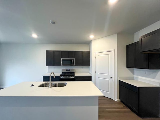 1025 Leeward Ln, Pingree Grove, IL 60140 - kitchen featuring a sink, appliances with stainless steel finishes, dark wood-style floors, light countertops, and dark cabinetry