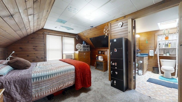 213 Arcadia Dr, Champaign, IL 61820 - bedroom featuring wooden walls, carpet, vaulted ceiling, and cooling unit