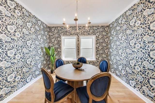 2430 Hastings Ave, Evanston, IL 60201 - dining room with wallpapered walls, a chandelier, crown molding, and light wood finished floors