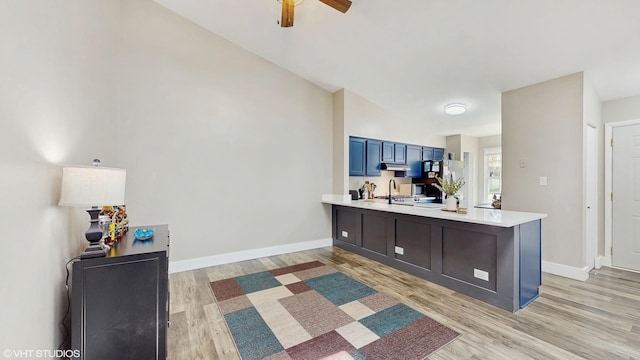 267 Juniper Cir, Streamwood, IL 60107 - kitchen featuring light countertops, a peninsula, light wood finished floors, and ceiling fan