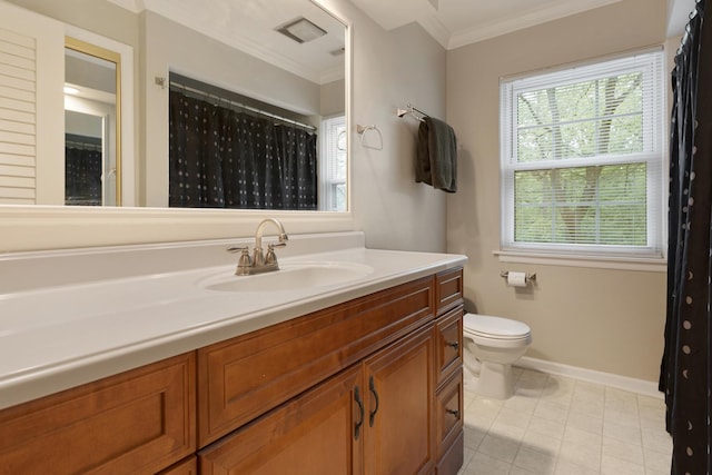 218 Delnor Ave, Saint Charles, IL 60174 - bathroom featuring vanity, toilet, crown molding, baseboards, and tile patterned floors