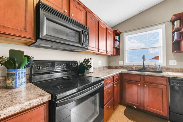 1321 W Ridge Ln, Champaign, IL 61822 - kitchen featuring black appliances, open shelves, a sink, vaulted ceiling, and light countertops