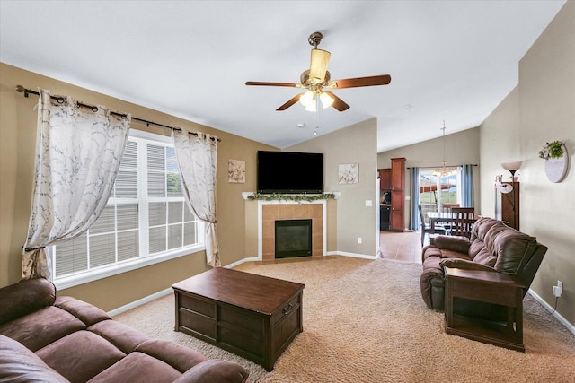 1321 W Ridge Ln, Champaign, IL 61822 - living room featuring a ceiling fan, light carpet, baseboards, lofted ceiling, and a fireplace