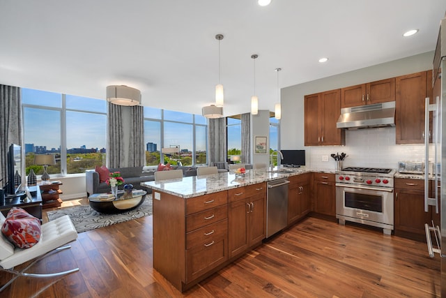 540 W Webster Ave Unit 611, Chicago, IL 60614 - kitchen featuring under cabinet range hood, appliances with stainless steel finishes, dark wood-style flooring, a peninsula, and light stone countertops