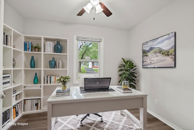 21643 Merrill Ave, Sauk Village, IL 60411 - office featuring dark wood-style floors, a ceiling fan, and baseboards