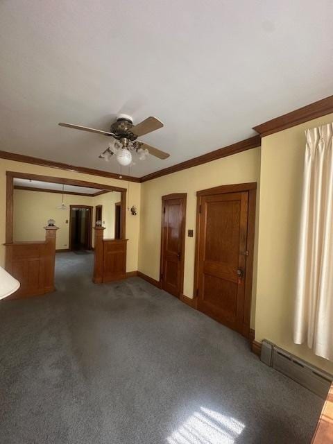 4001 S Albany Ave, Chicago, IL 60632 - unfurnished living room featuring ornamental molding, ceiling fan, carpet floors, a baseboard radiator, and baseboards