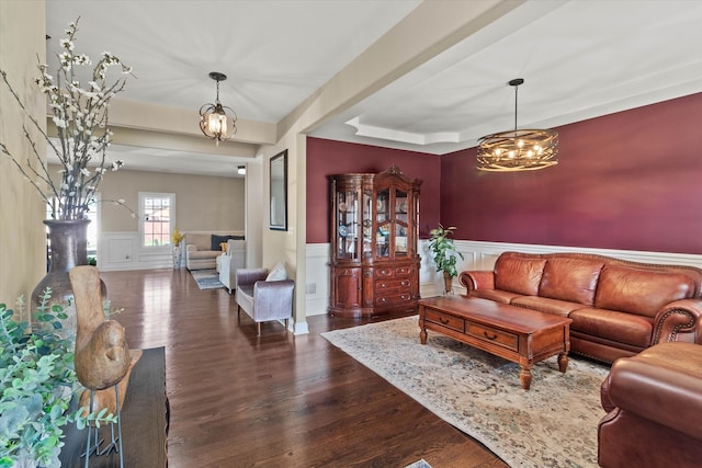 2952 W 100th Pl, Evergreen Park, IL 60805 - living room with wainscoting, a chandelier, dark wood finished floors, and a decorative wall