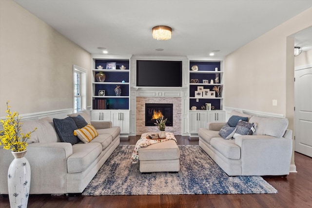 2952 W 100th Pl, Evergreen Park, IL 60805 - living area with built in shelves, wood finished floors, a lit fireplace, and recessed lighting
