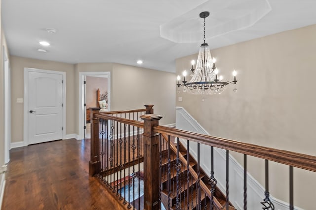 2952 W 100th Pl, Evergreen Park, IL 60805 - corridor featuring an upstairs landing, a chandelier, dark wood-style flooring, and recessed lighting