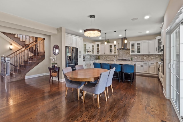 2952 W 100th Pl, Evergreen Park, IL 60805 - dining space with stairway, dark wood-style flooring, recessed lighting, baseboards, and a chandelier