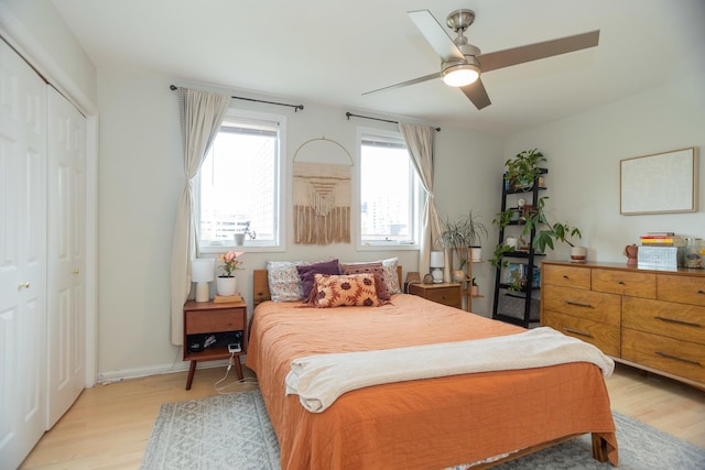 919 W Leland Ave Unit F, Chicago, IL 60640 - bedroom featuring light wood-style flooring, a closet, and ceiling fan