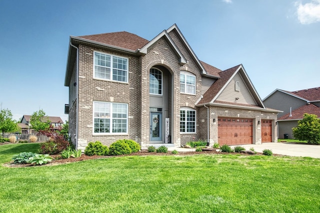 1472 S Saddlebrook Ln, Minooka, IL 60447 - traditional-style house featuring brick siding, driveway, a front lawn, and an attached garage