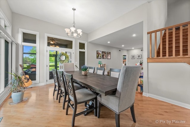 7530 Inverway Dr, Lakewood, IL 60014 - dining space featuring light wood-style floors, a chandelier, baseboards, recessed lighting, and ceiling fan