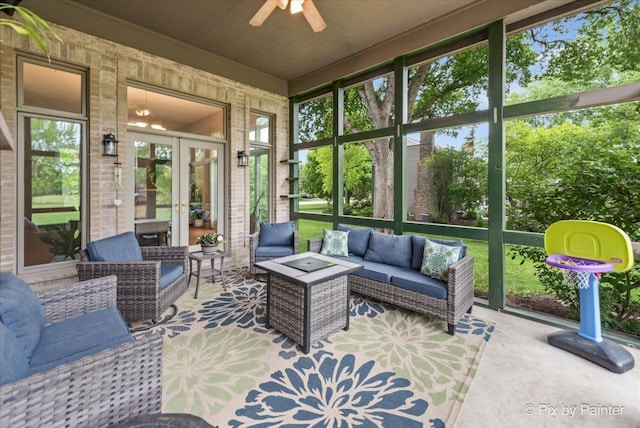 7530 Inverway Dr, Lakewood, IL 60014 - sunroom / solarium featuring ceiling fan, french doors, and plenty of natural light