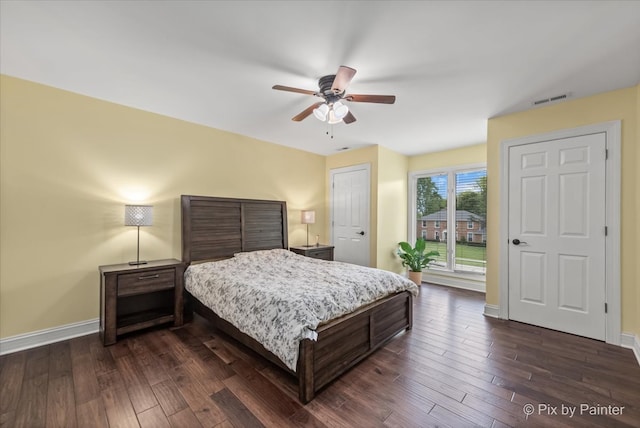 7530 Inverway Dr, Lakewood, IL 60014 - bedroom with access to outside, dark wood-type flooring, baseboards, and a ceiling fan