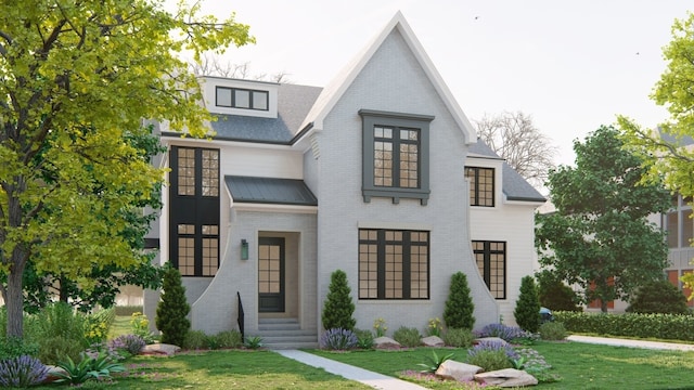 647 Garland Ave, Winnetka, IL 60093 - view of front facade featuring brick siding, entry steps, a front lawn, and a standing seam roof