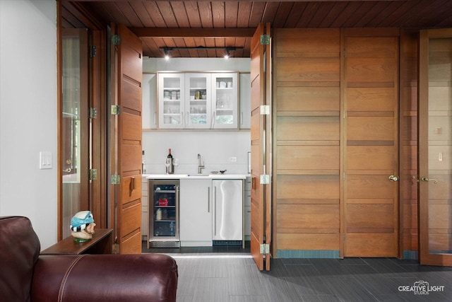 5N477 Curling Pond Rd, Wayne, IL 60184 - indoor wet bar with beverage cooler, refrigerator, and wood ceiling