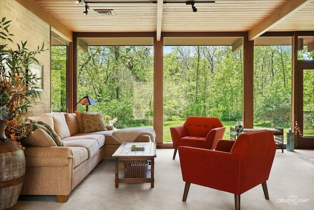 5N477 Curling Pond Rd, Wayne, IL 60184 - sunroom / solarium with plenty of natural light, a wooded view, rail lighting, and beam ceiling