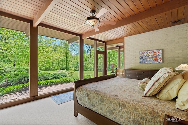 5N477 Curling Pond Rd, Wayne, IL 60184 - carpeted bedroom with a wall of windows, a wood ceiling with exposed beams, and brick wall