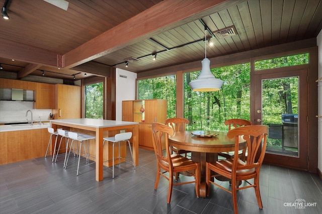 5N477 Curling Pond Rd, Wayne, IL 60184 - dining area with rail lighting, healthy amount of natural light, a wooden ceiling with exposed beams, and wood finished floors
