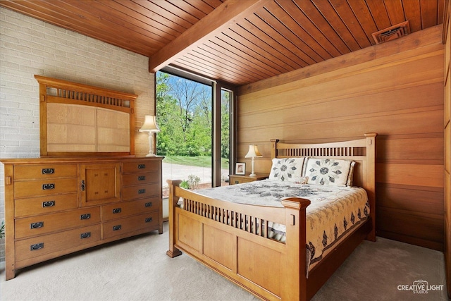 5N477 Curling Pond Rd, Wayne, IL 60184 - bedroom with light carpet, a wood ceiling with exposed beams, and wooden walls