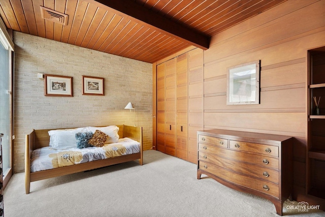 5N477 Curling Pond Rd, Wayne, IL 60184 - living area featuring a wooden ceiling with exposed beams, carpet, wooden walls, and brick wall
