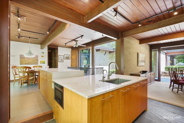 5N477 Curling Pond Rd, Wayne, IL 60184 - kitchen with rail lighting, a center island with sink, a wood ceiling with exposed beams, modern cabinets, and light wood-style floors